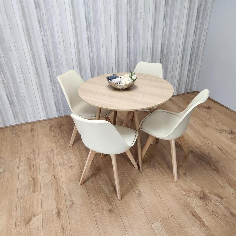 Round Wooden Dining Table Set with 4 White Chairs for Kitchen or Home