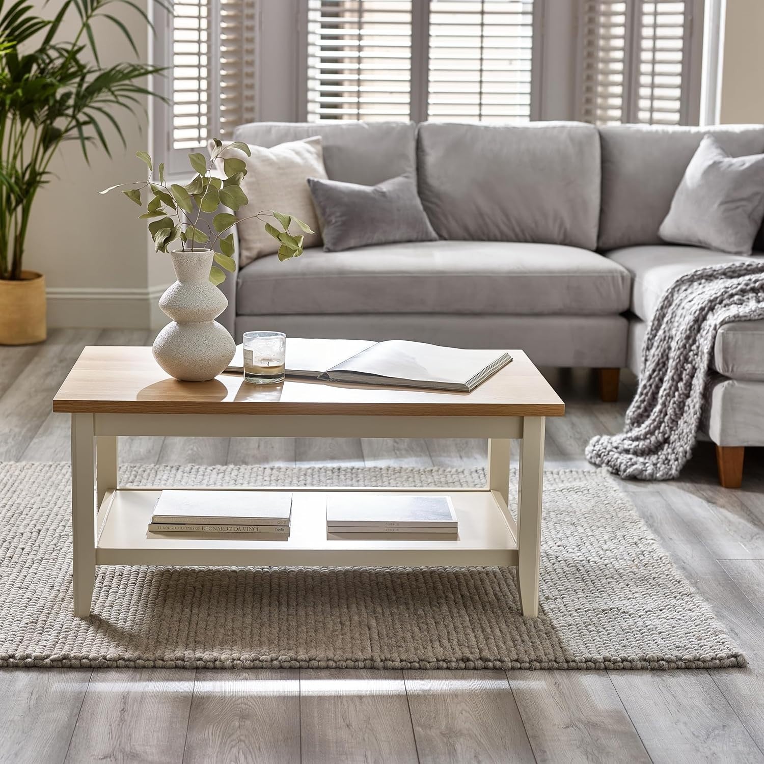 Solid Wood Coffee Table Farmhouse Style – Pale Oak Top Cream Legs – Modern
