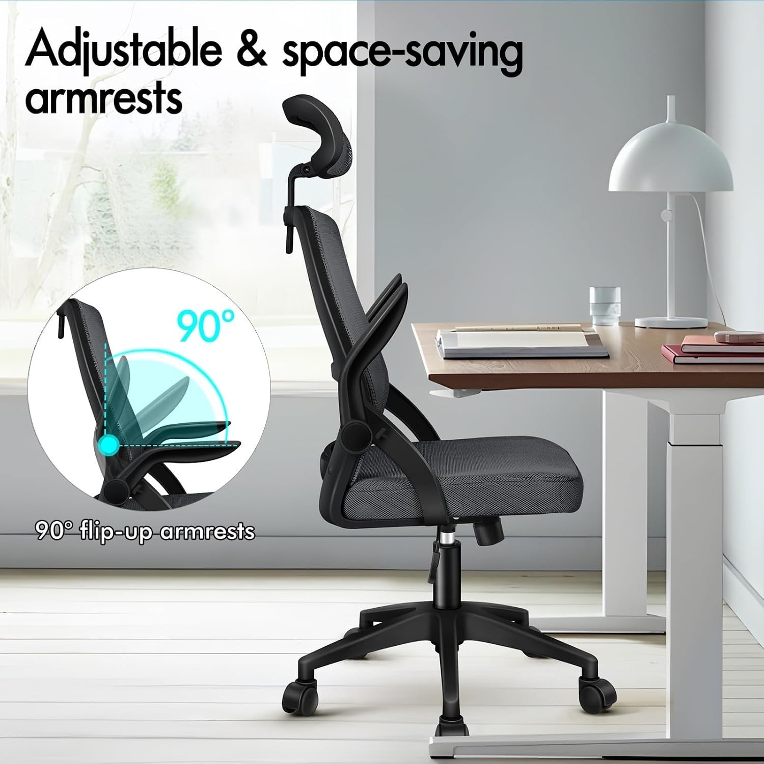 Ergonomic Office Chair Mesh Back Grey Adjustable Flip Arms Lumbar Support 180KG