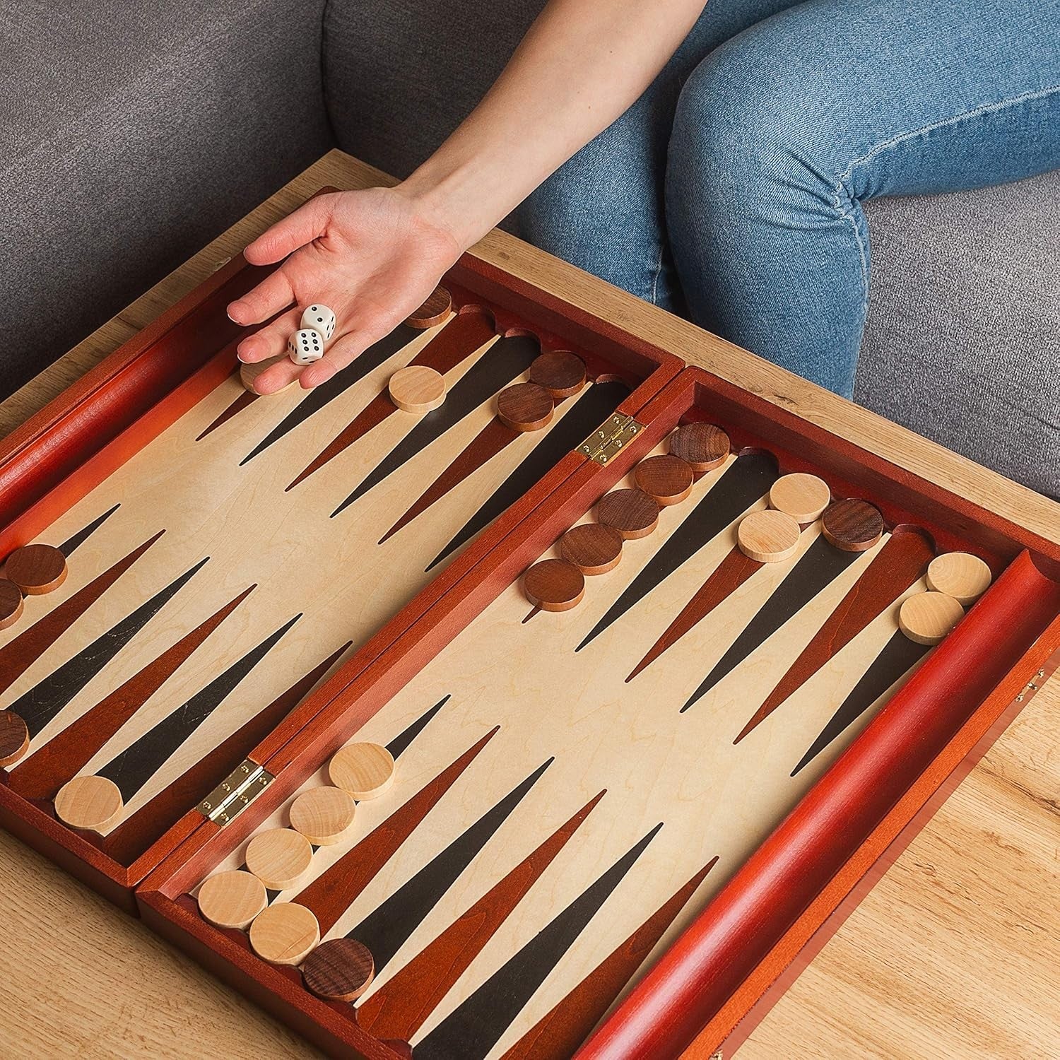 Large Wooden Backgammon Set 57x48cm Folding Board with Dice Cups Case