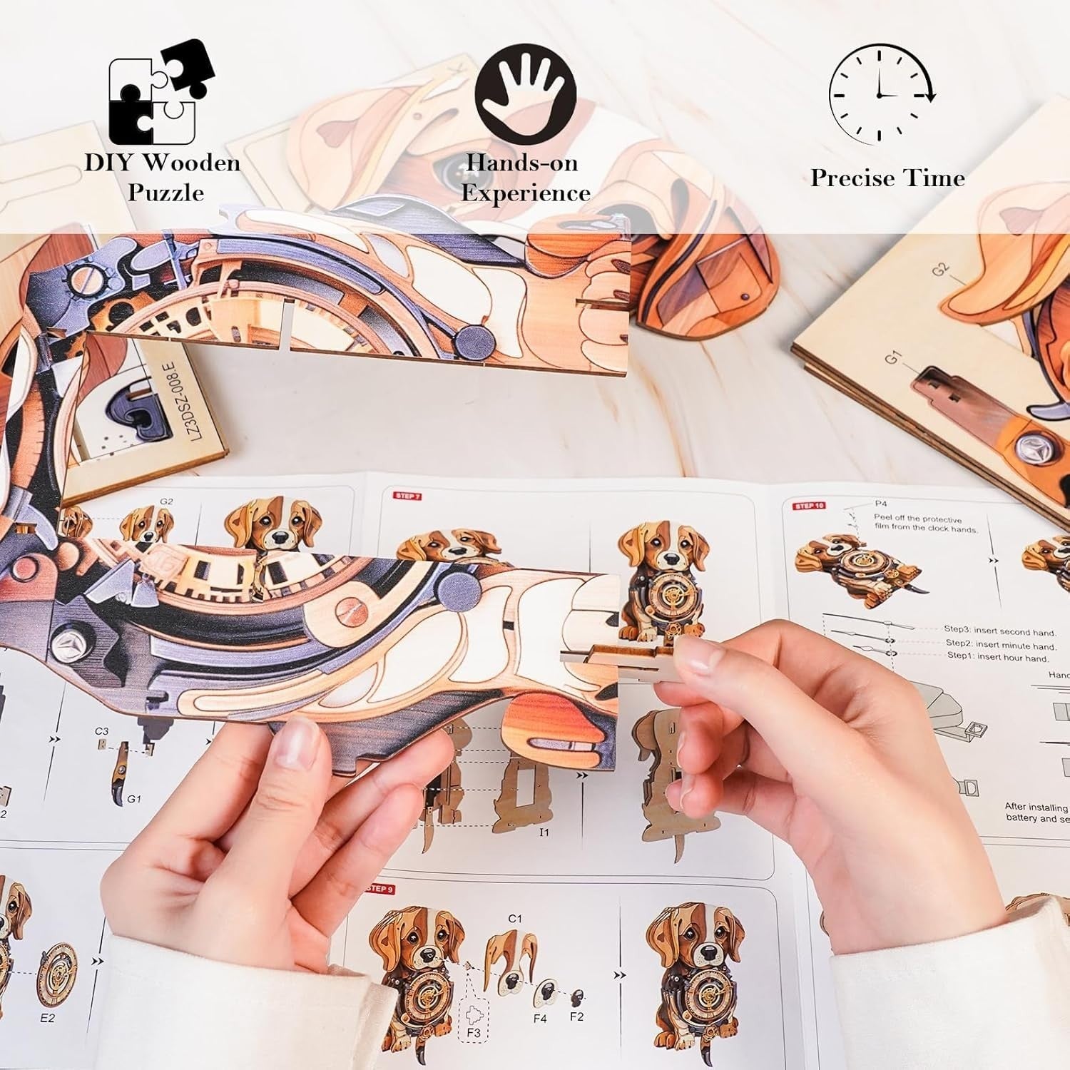 3D Wooden Beagle Dog Puzzle Wall Clock with Pendulum, DIY Gift