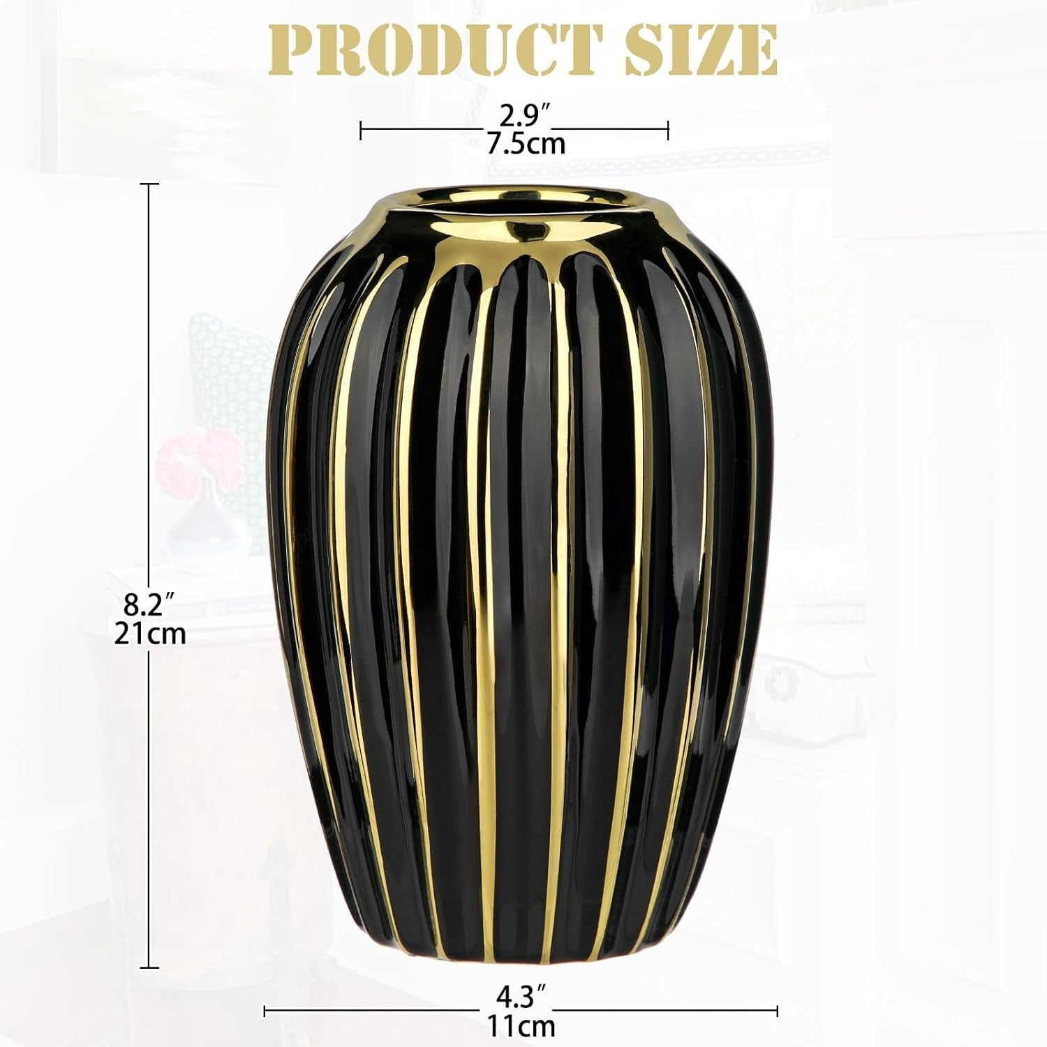 Black Gold Ribbed Ceramic Vase Luxury Floral Table Home Décor 8.2 Inch