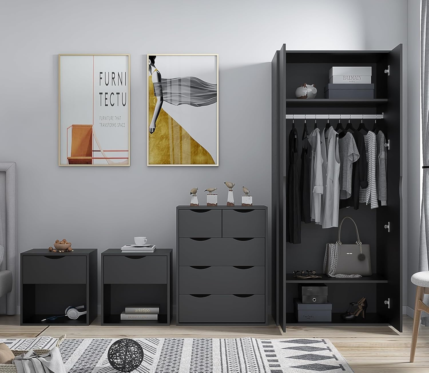 4pc Bedroom Furniture Set Wardrobe Chest Bedside Cabinet Black Matt on Black