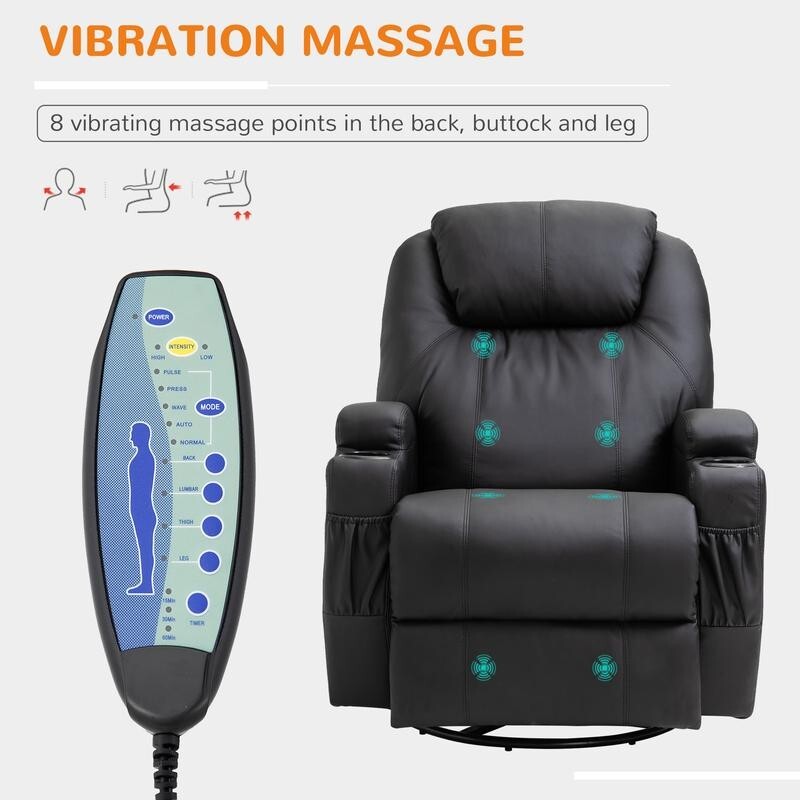 Recliner Massage Armchair PU Leather Swivel Rocking Chair w/ Remote & Cups