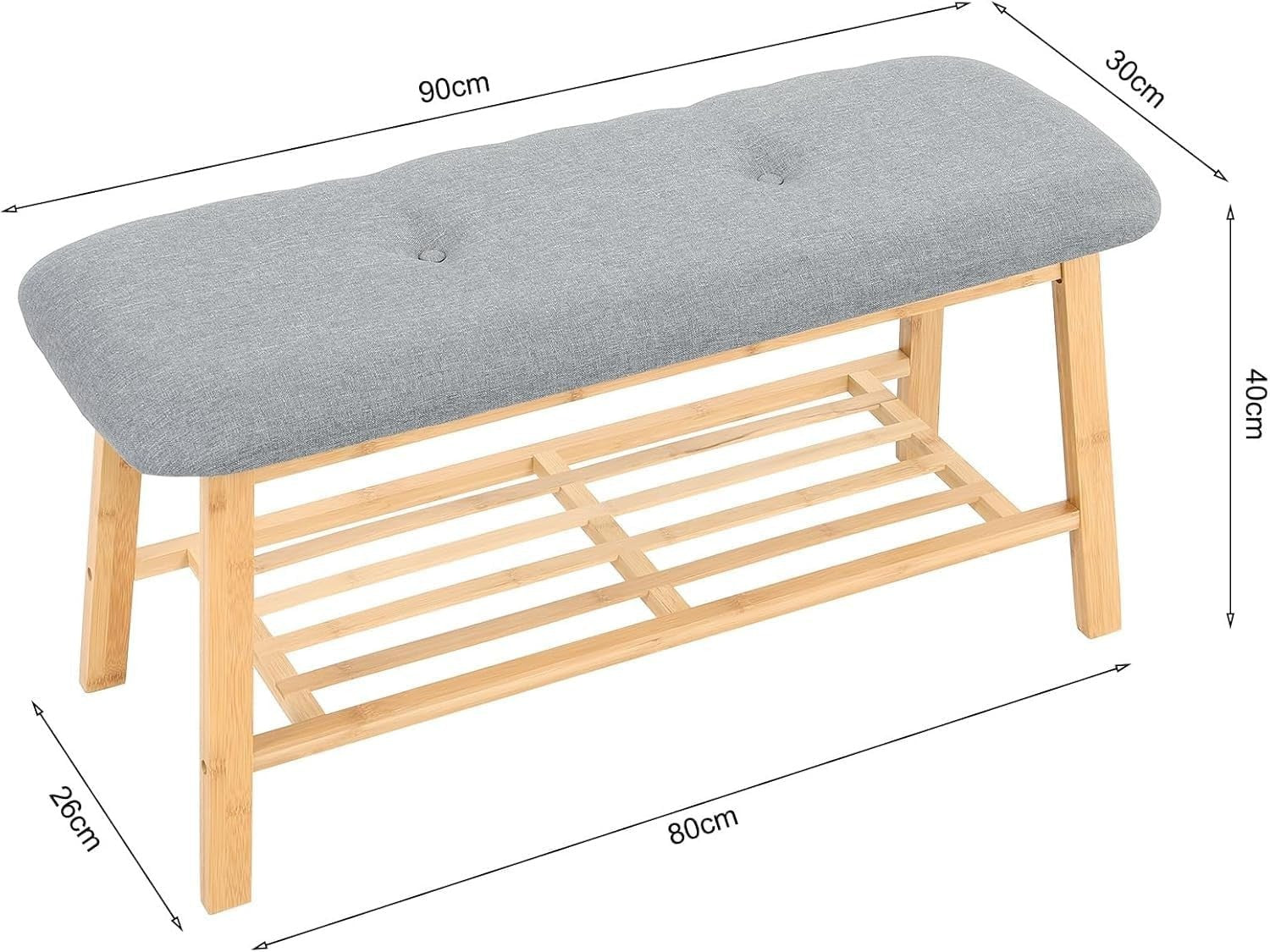 2-Tier Bamboo Shoe Rack Bench with Linen Padded Seat & Storage Grey