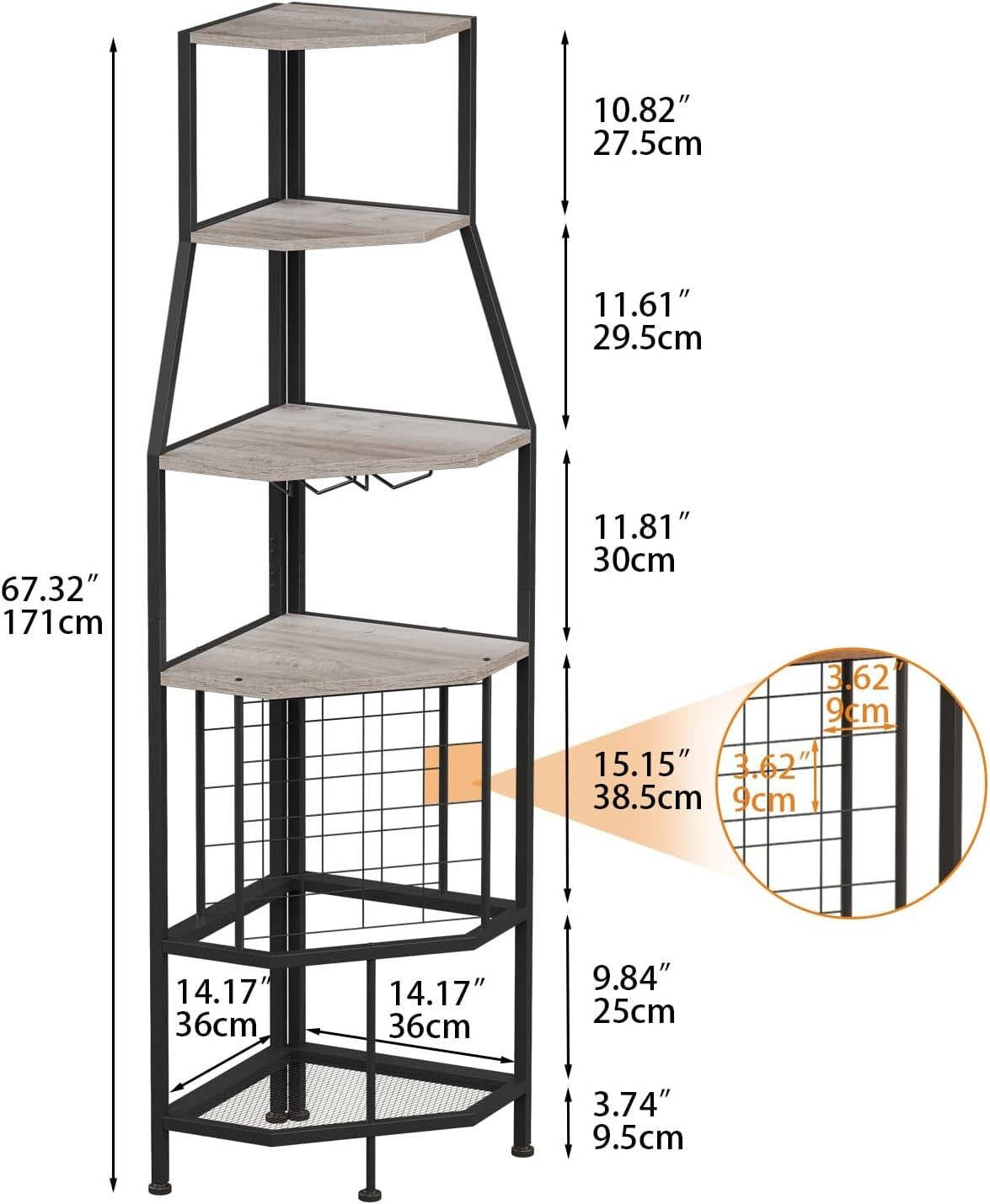 5-Tier Corner Wine Rack with Glass Holder Grey Bottle Storage Home Bar Shelf