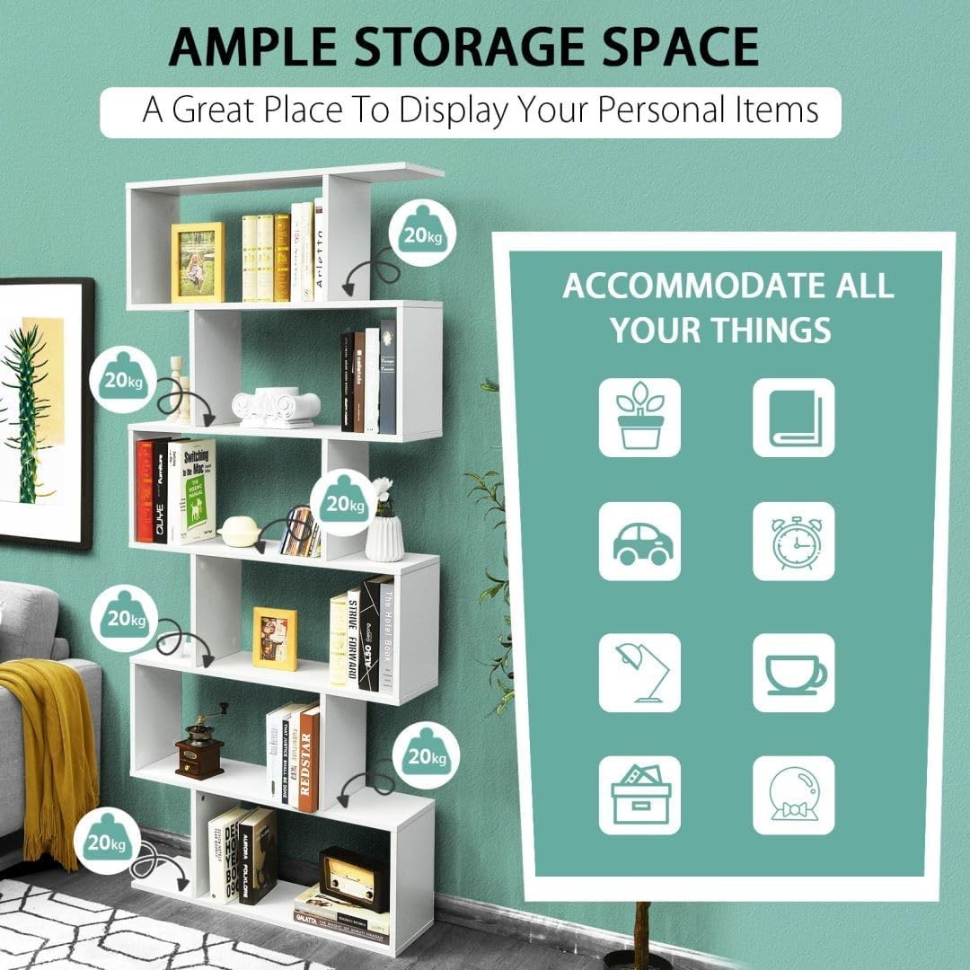 White S-Shaped 6 Tier Bookcase Tall Freestanding Storage Display Unit 80×23×192
