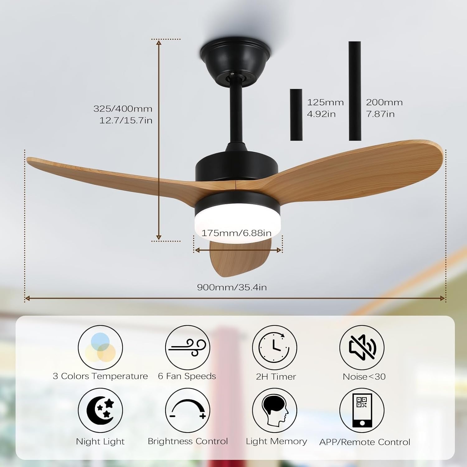 36" Farmhouse Ceiling Fan with Light, 6-Speed, Remote, Black