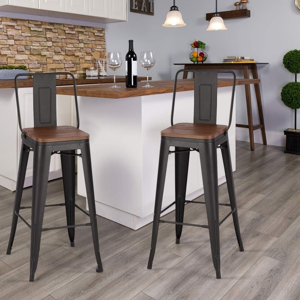 Set of 6 Industrial Black Bar Stools with Backrest & Footrest – Wood & Metal