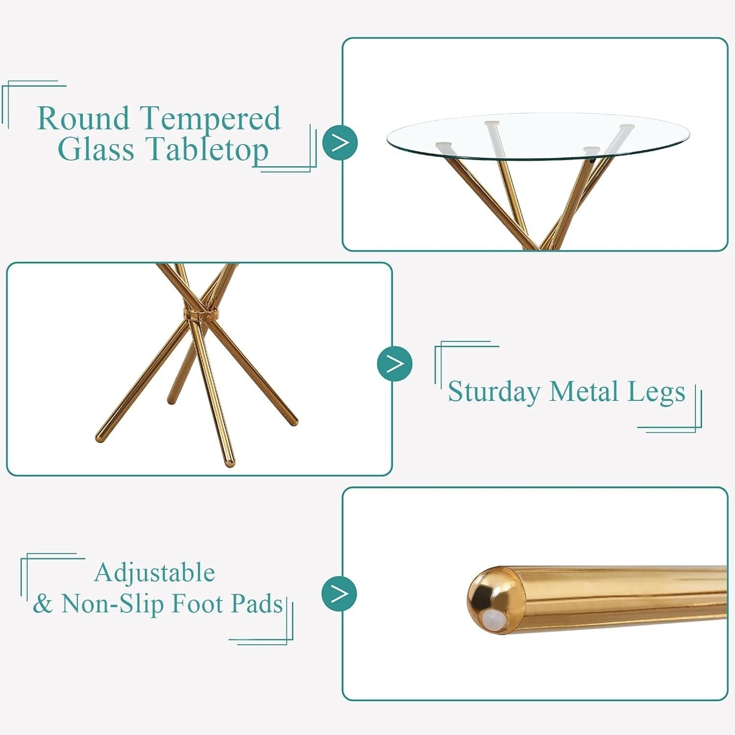 Gold Round Glass Dining Table Set 4 Chairs Faux Leather Compact Design