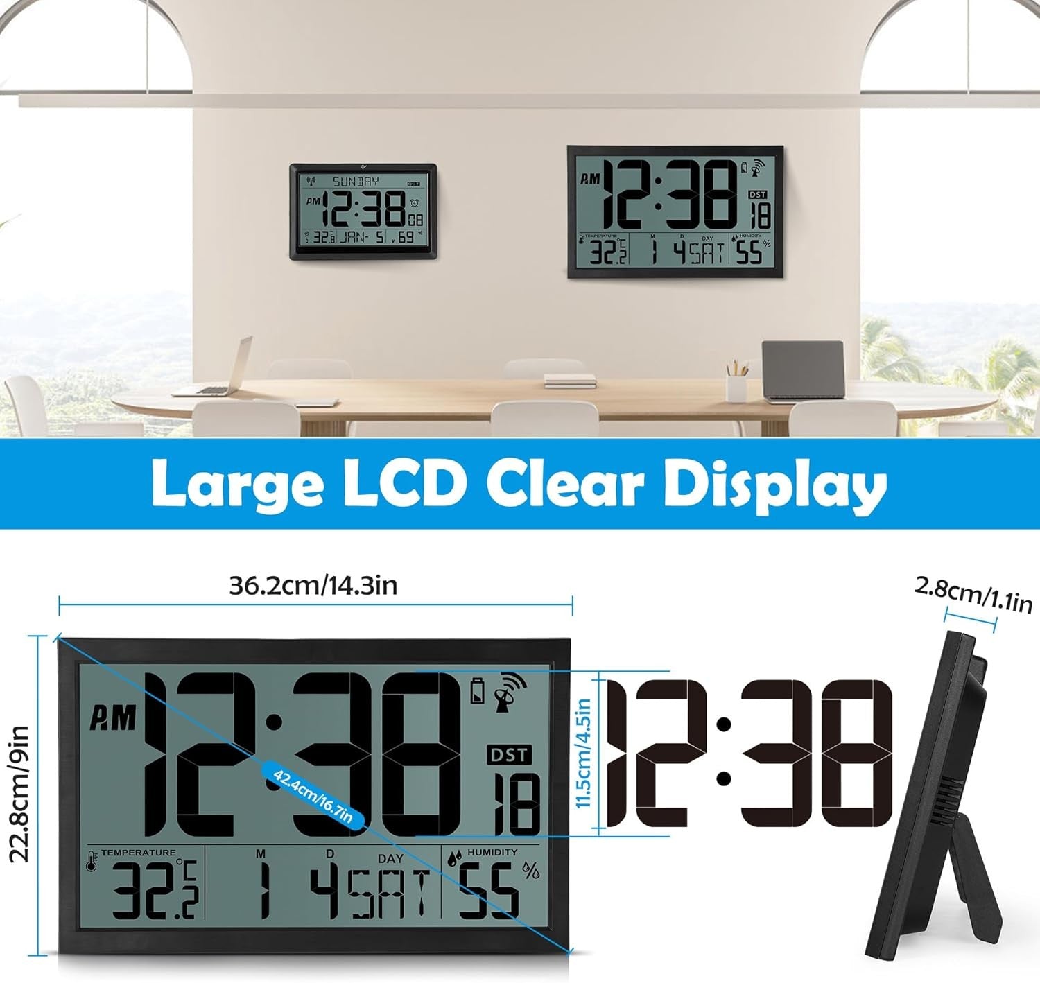 Large Digital Wall Clock 16.7” LCD Temperature Humidity Atomic Time