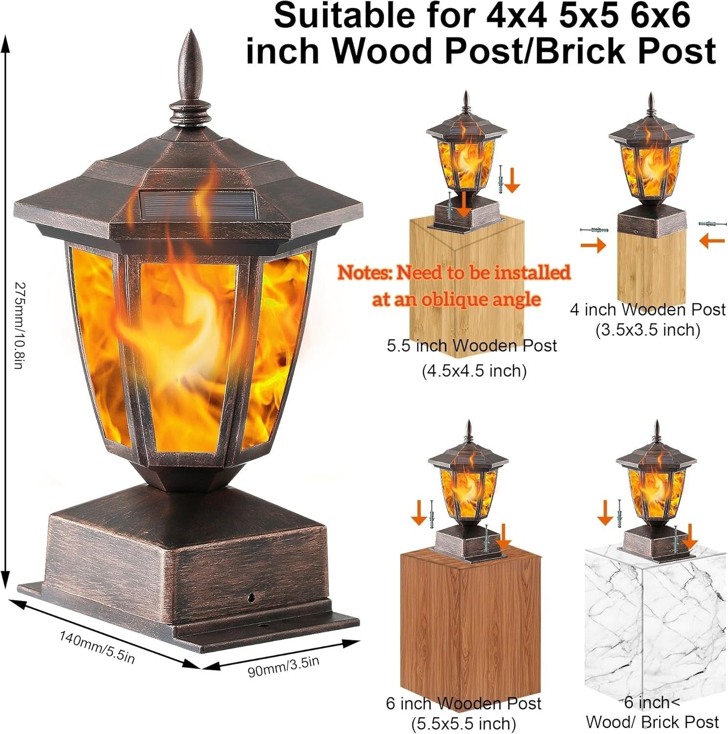 4 Pack Bronze Solar Flame Post Lights LED Outdoor Fence Lanterns