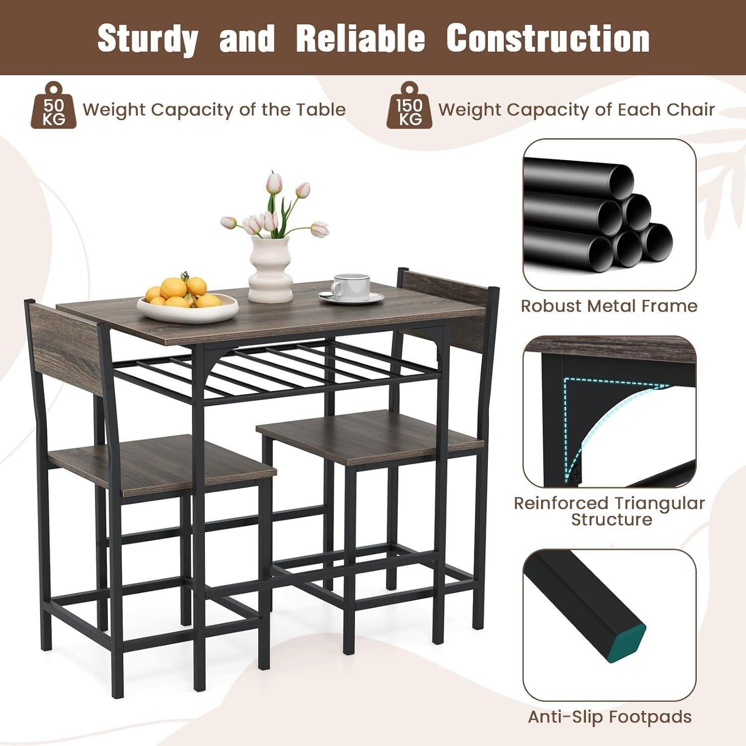 Grey 3-Piece Dining Table Set with 2 Chairs & Storage Rack Kitchen Bistro