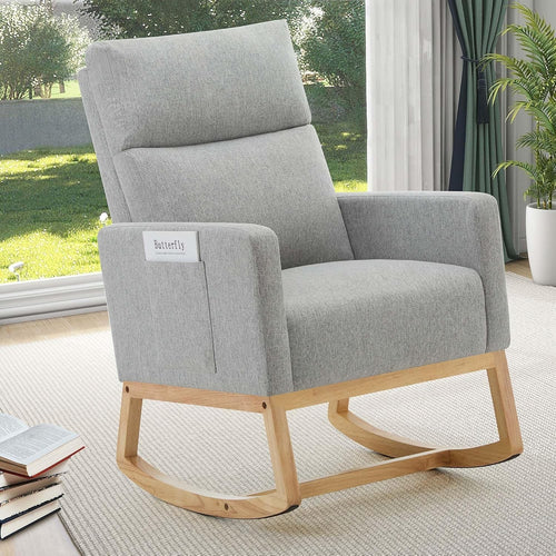 Rocking Chair High Back Linen Armchair with Pockets for Nursery Bedroom