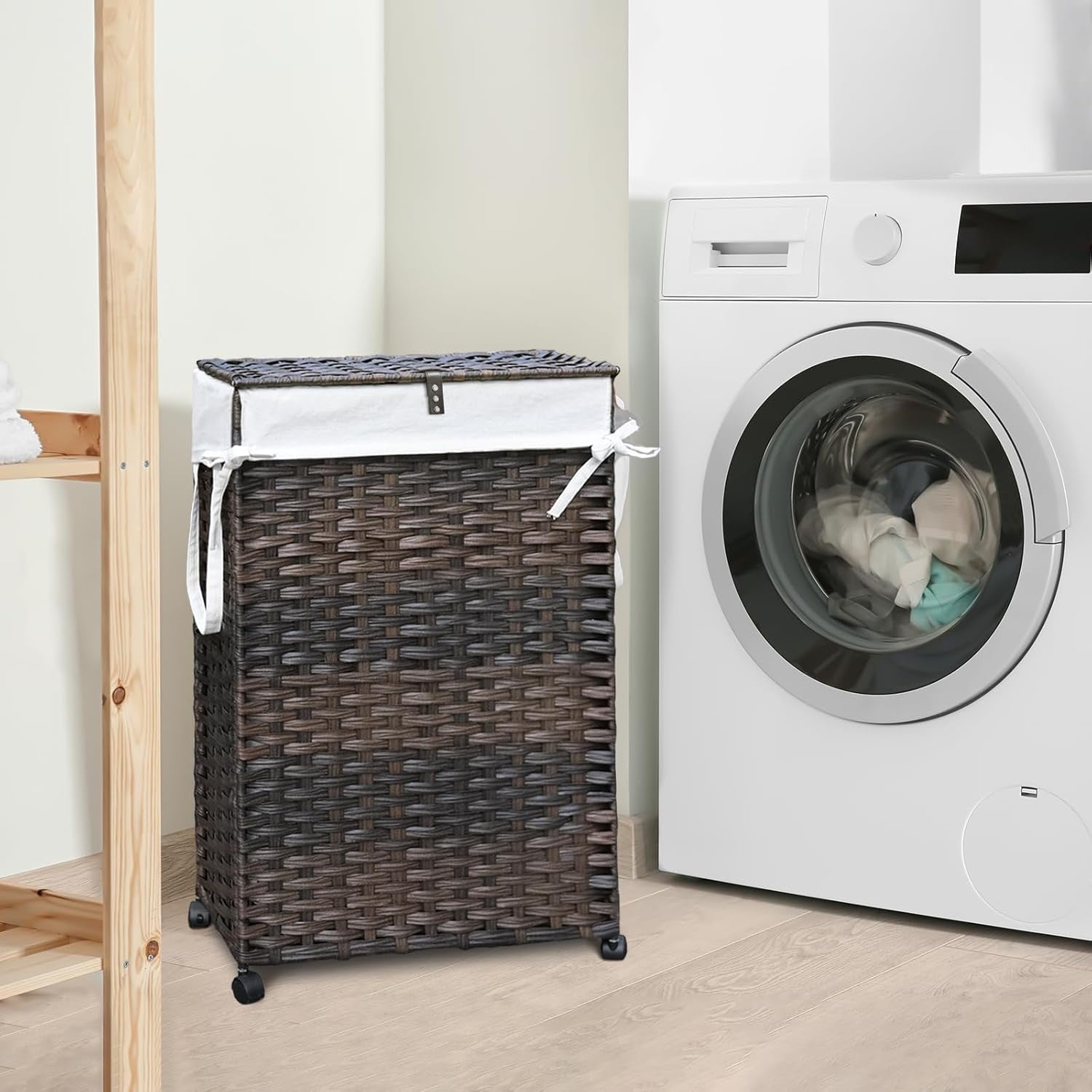 70L Slim Rattan Laundry Hamper with Wheels 2 Removable Bags Tall Basket Brown