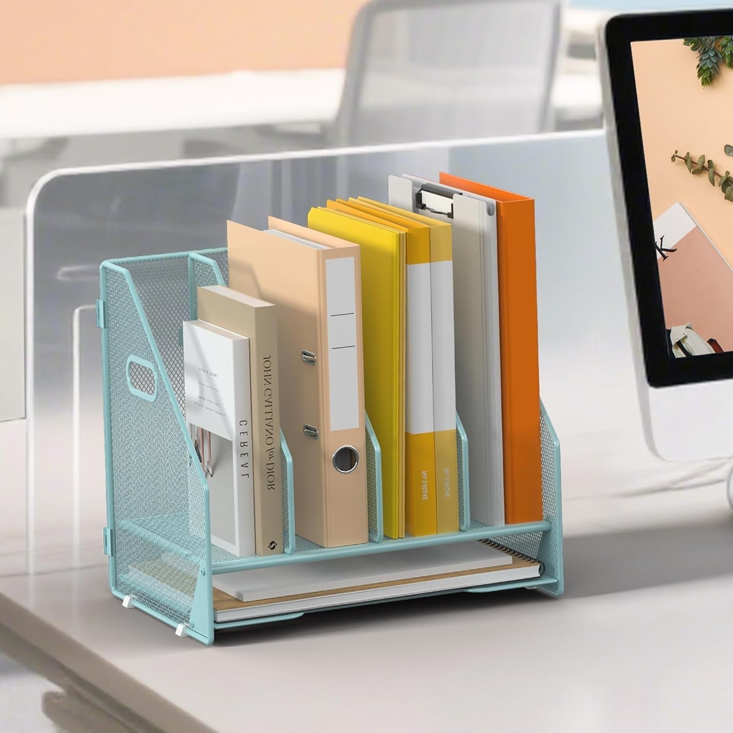 Desk File Organizer with 4 Adjustable Compartments & Letter Tray – Mesh Desktop