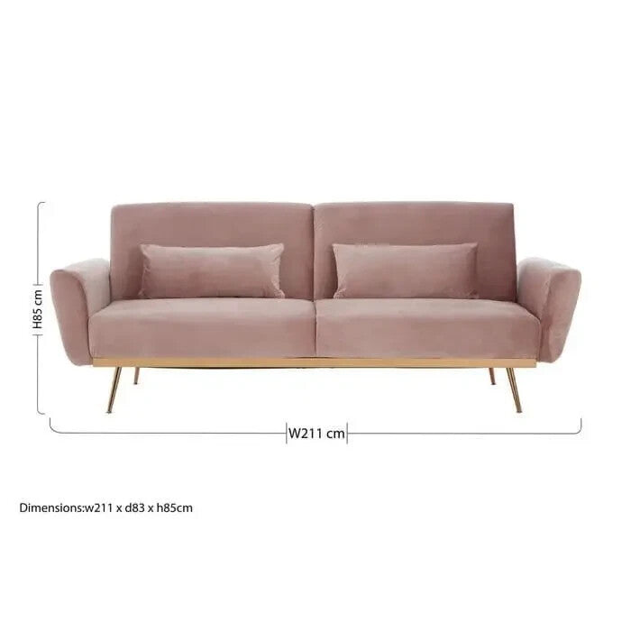 Pink Velvet Sofa Bed Modern 3 Seater Gold Legs Flared Arm Stylish Couch