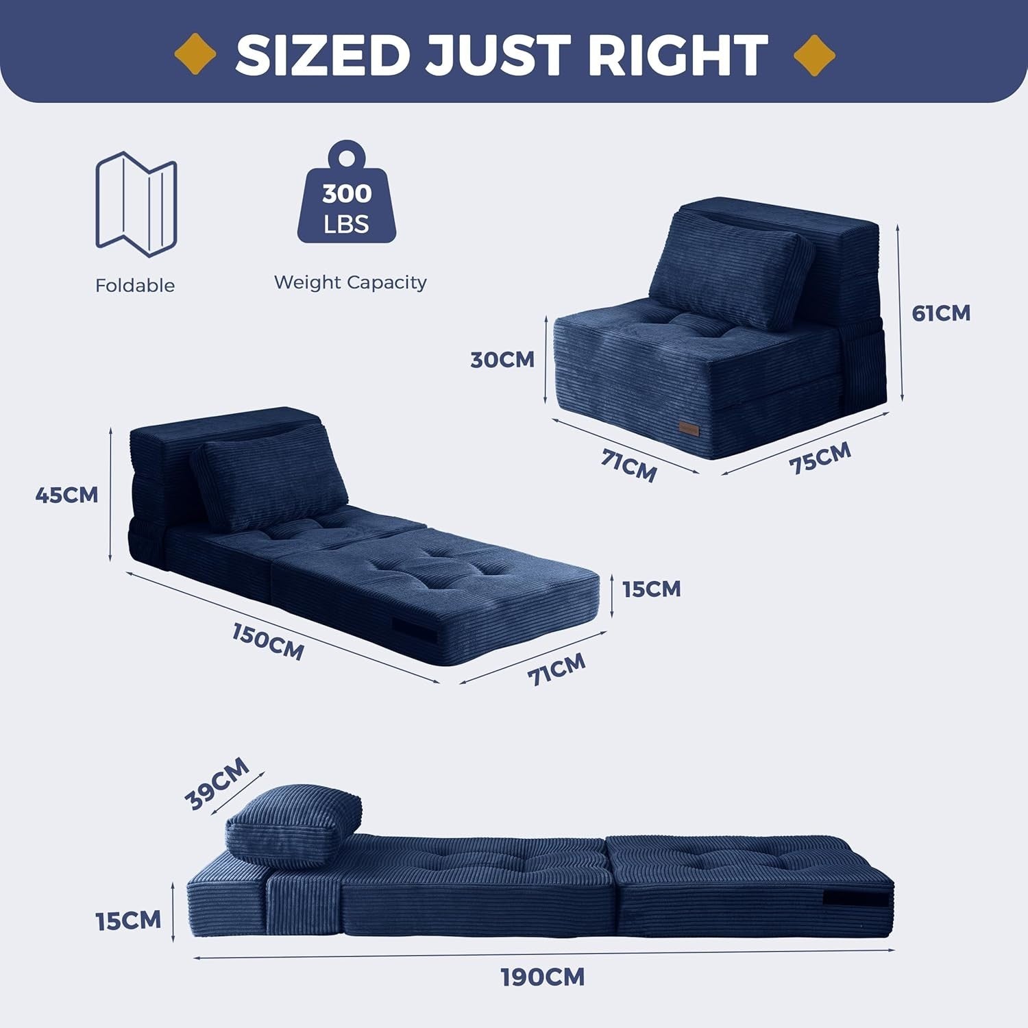 Tri-Fold Folding Foam Sofa Bed Chair Single Futon Z Bed Guest Mattress