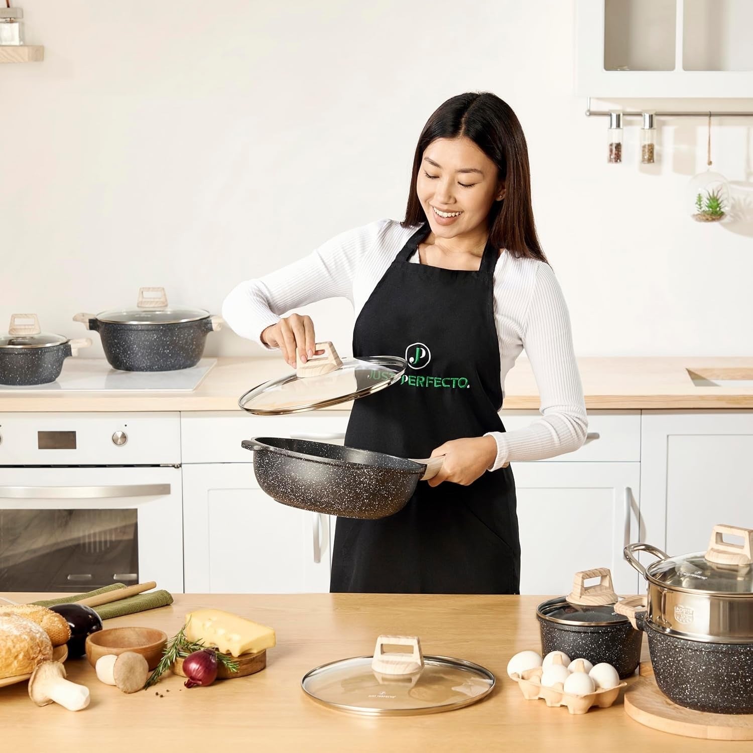 14pcs Black Granite Non Stick Cookware Set Induction Safe Pot and Pans with Lid
