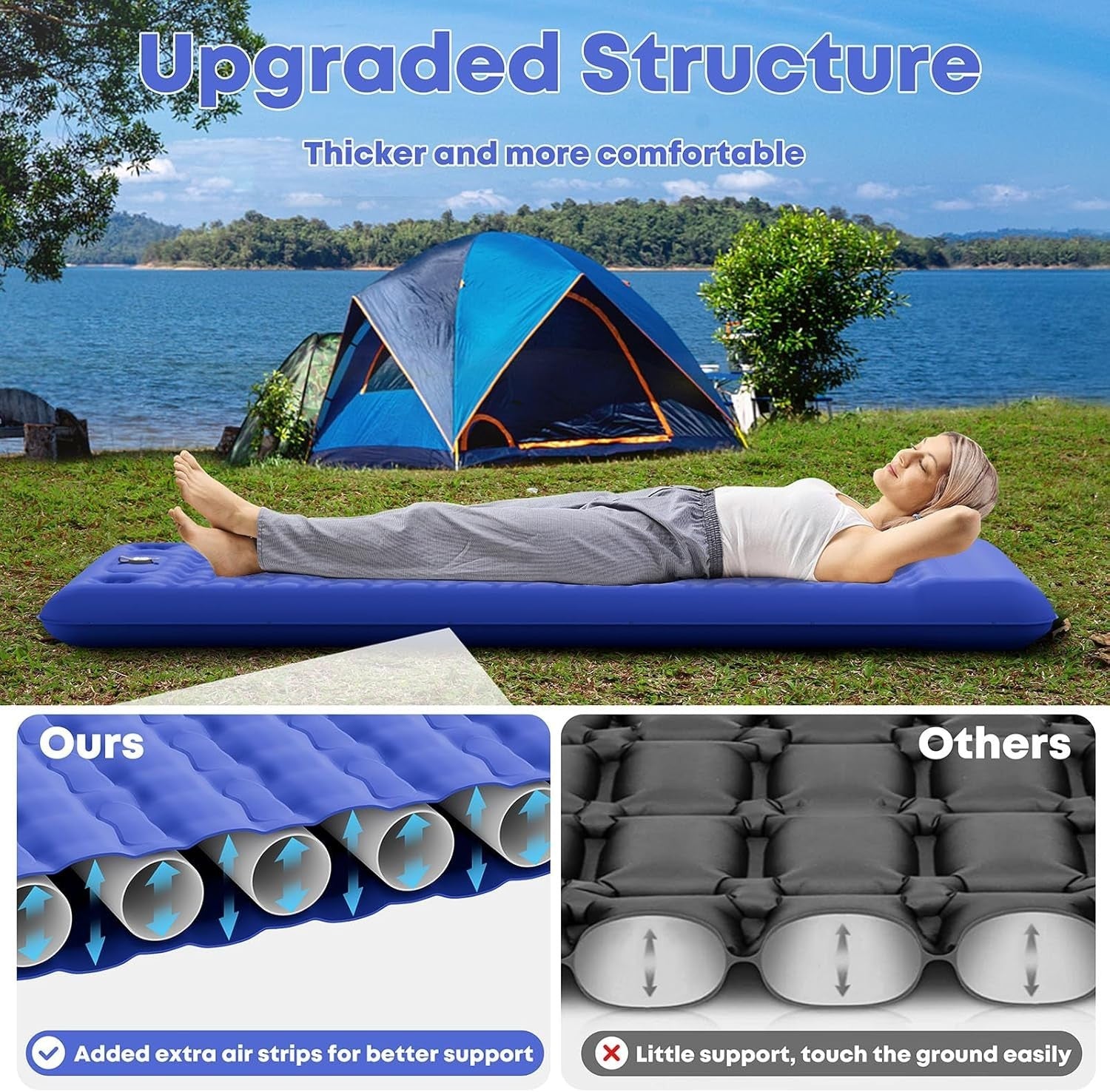 Extra Thick Camping Air Mattress 12–15cm Built-In Foot Pump Pillow Pad Blue
