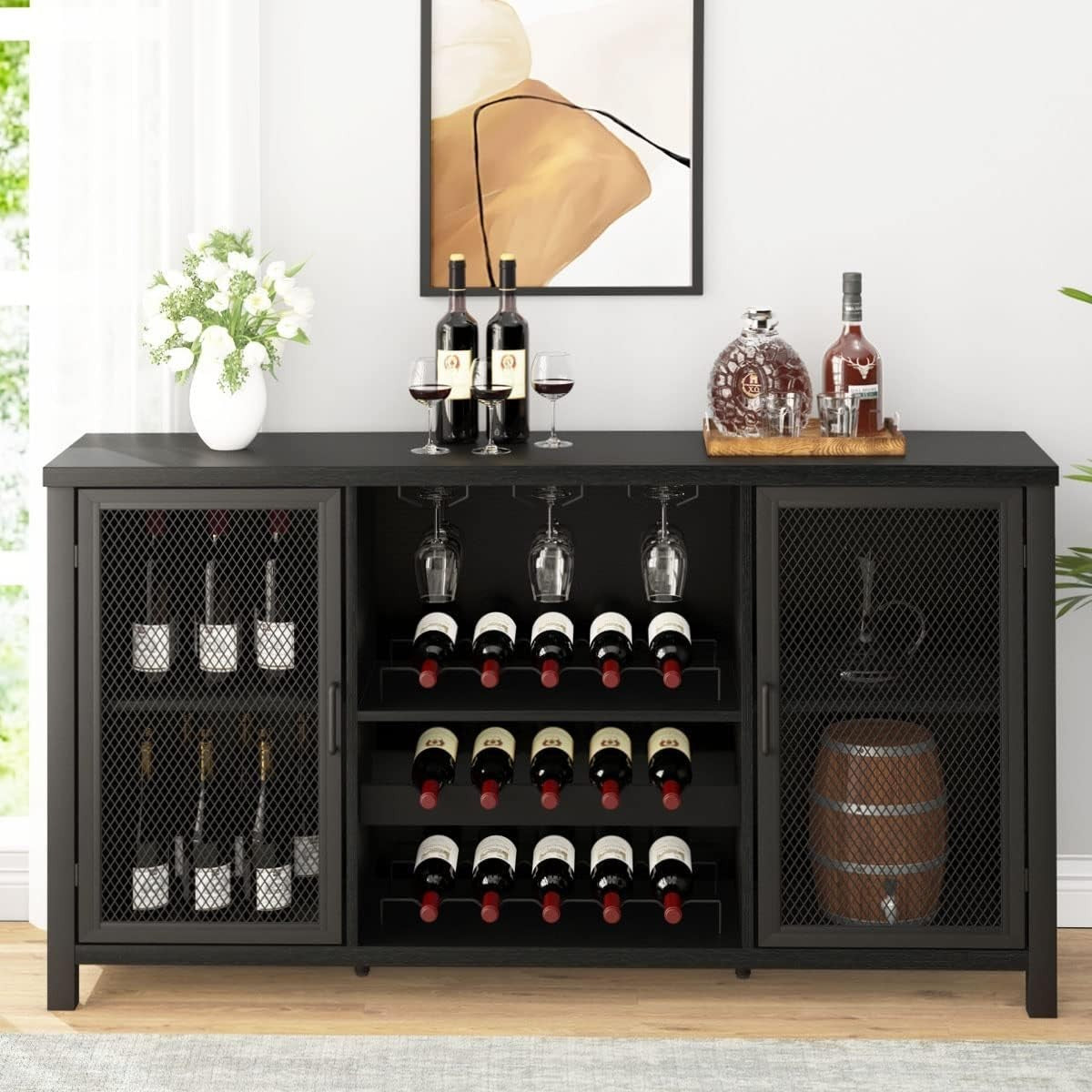 Black Oak Wine Bar Cabinet Sideboard with Wine Rack & Glass Storage 140cm