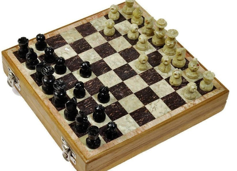 Luxury 10" Marble & Wood Chess Set – Inlaid Stone Board + Handcrafted Pieces