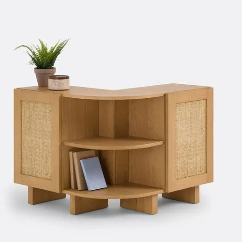 Scandi Oak Cane Behind Sofa Storage Unit – 2 Door Shelves Vinyl Rack