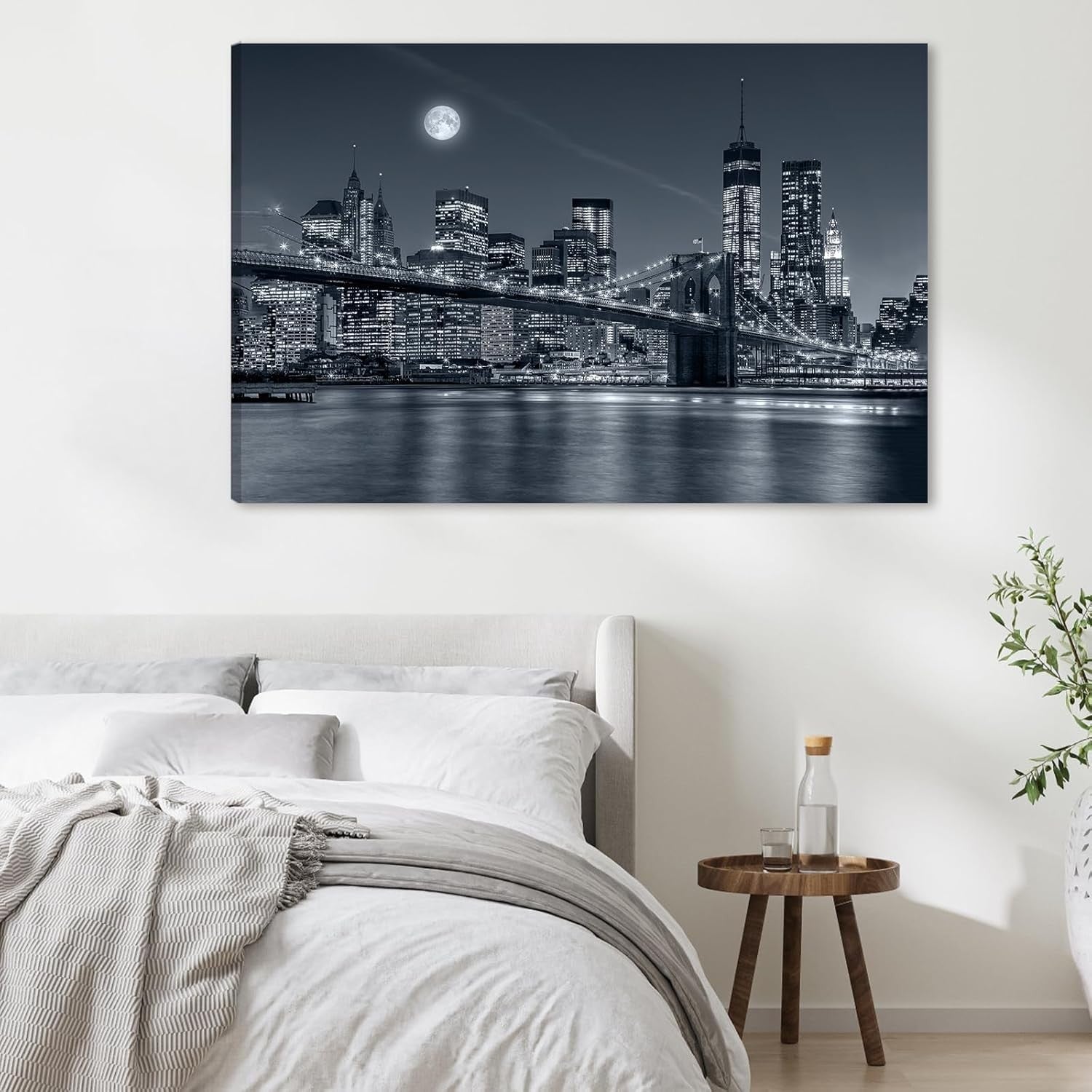 Black White Cityscape Canvas Wall Art Framed Modern Urban Night Decor