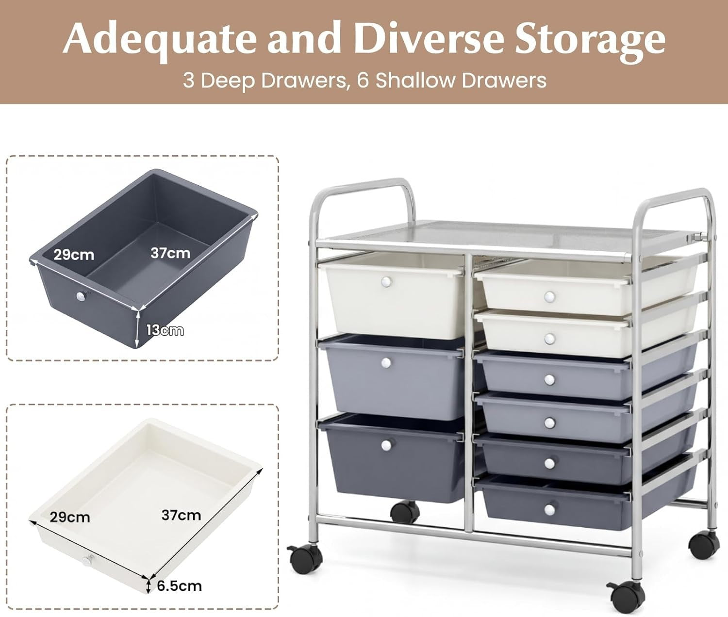 Gradient Grey 9 Drawer Rolling Utility Cart Home Office Organizer