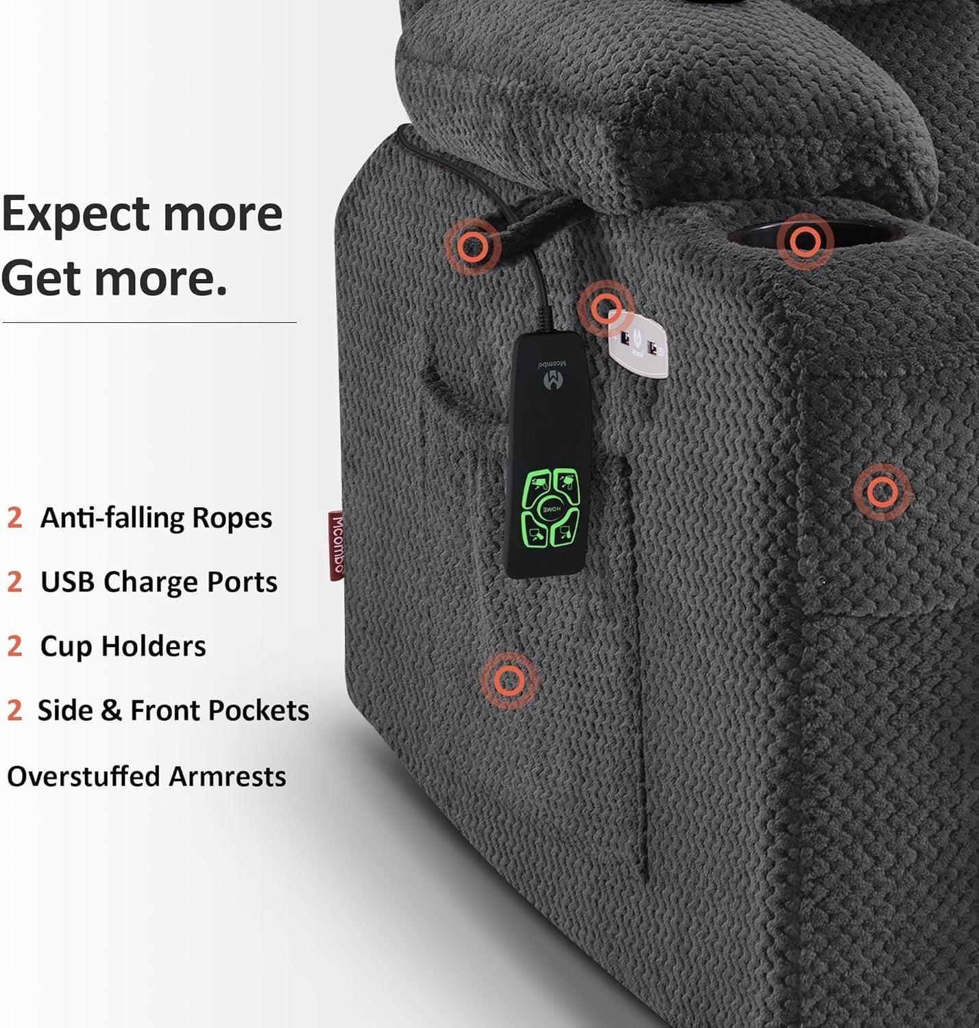 Dark Grey Dual Motor Riser Recliner Chair Heated Massage USB Fabric
