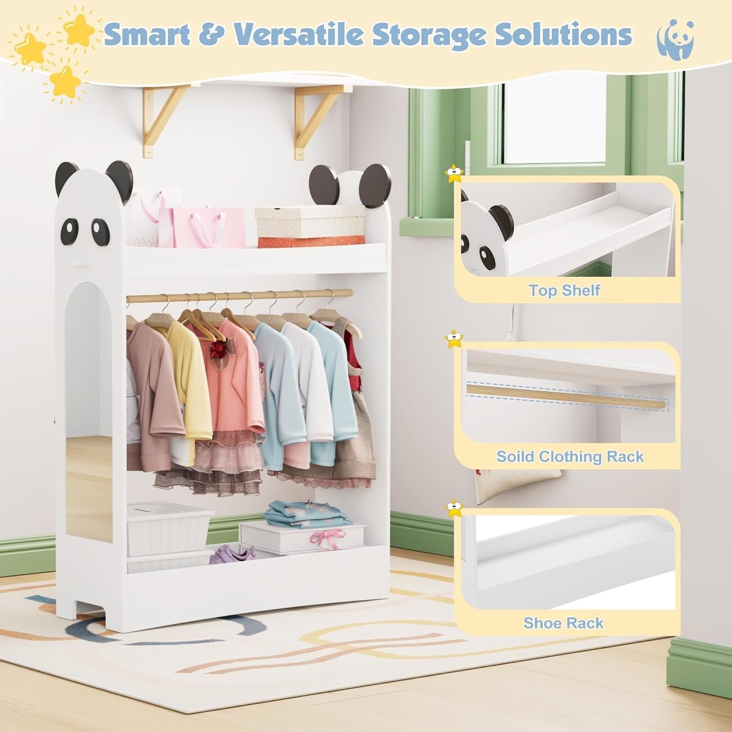 Kids Wardrobe with Mirror & Hanging Rail, Open Storage No Drawer White