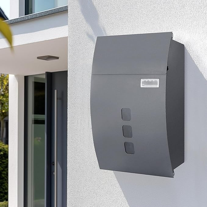 Wall-Mounted Lockable Mailbox Grey | Waterproof Steel Post Box | Large Secure