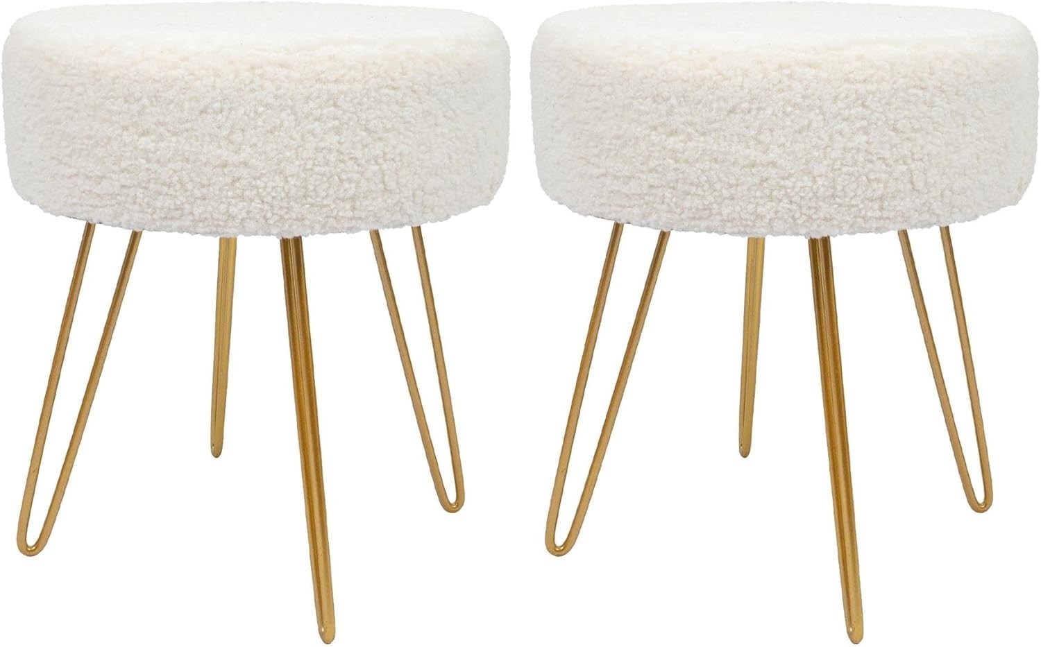 Set of 2 Cream Bouclé Footstools Gold Legs Modern Round Pouffe Seats