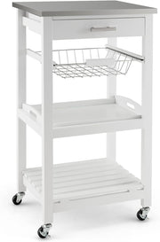 White Kitchen Trolley on Wheels w/ Stainless Steel Top