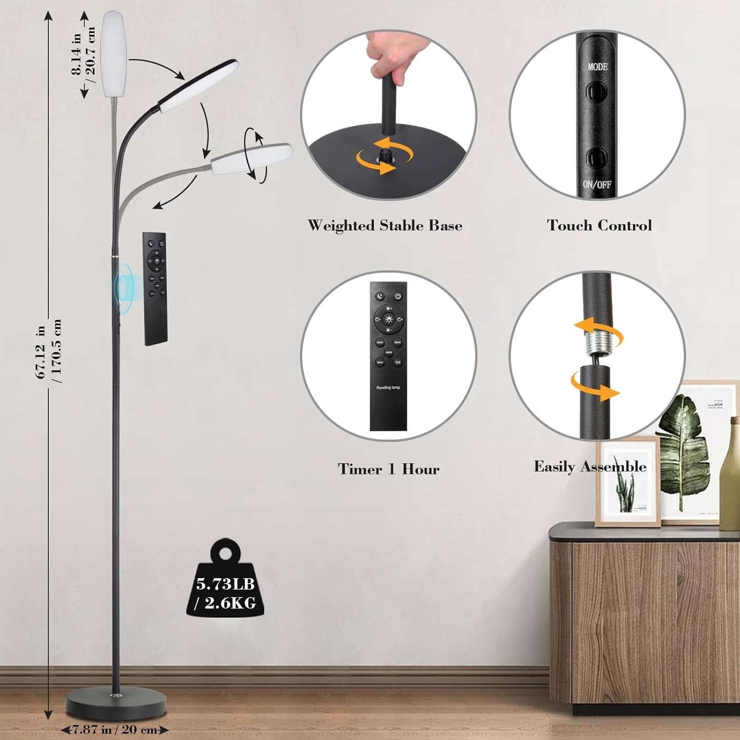 LED Reading Floor Lamp Remote Touch Dimmable Gooseneck Modern Strip Light