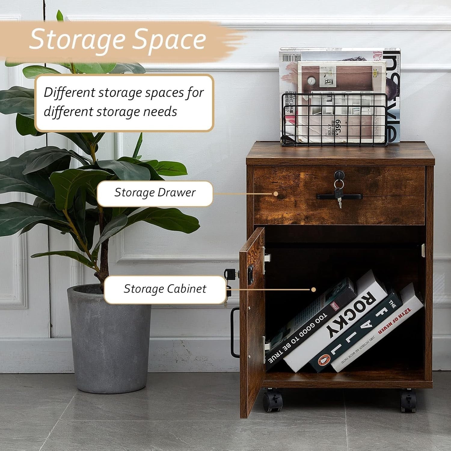 Brown Locking Rolling File Cabinet 1 Drawer 1 Door Under Desk Storage