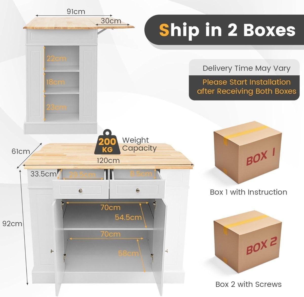 Kitchen Island Cart with Extendable Worktop, Lockable Wheels & Storage
