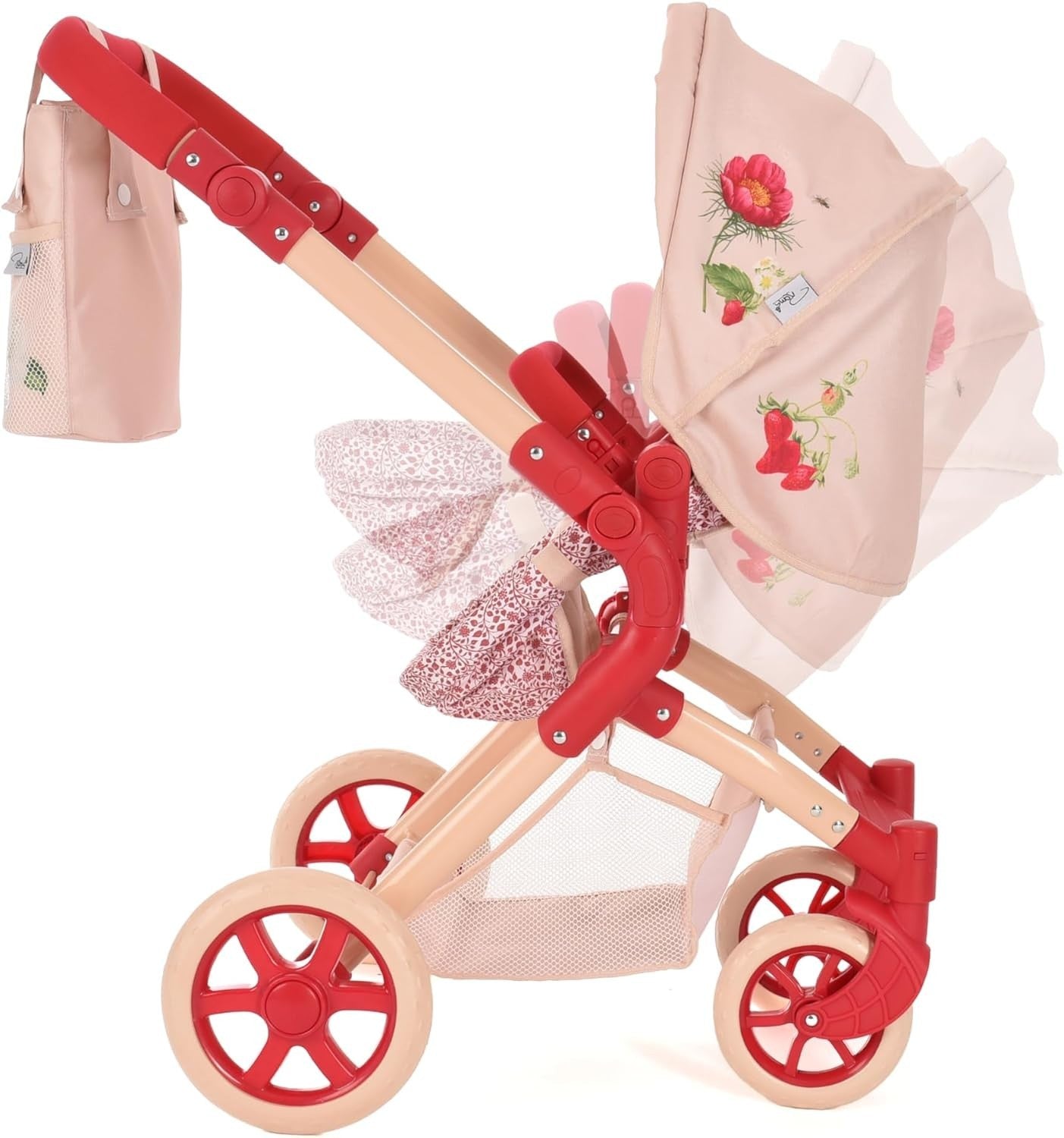 2-in-1 Dolls Pram Carrycot & Seat Adjustable Handle Cream & Berry Red Stroller