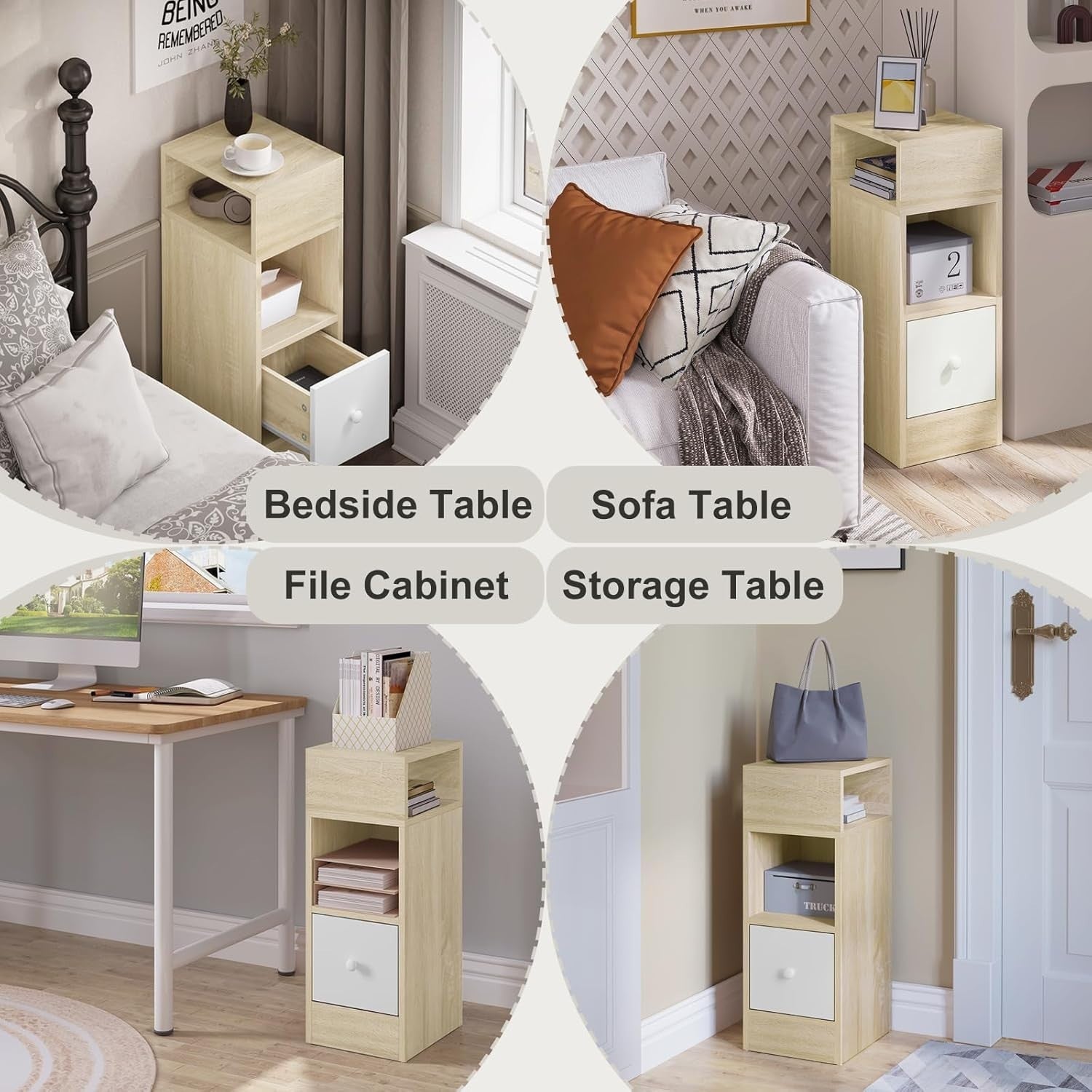 Set of 2 Light Oak Slim Bedside Tables with Drawer & Shelves 25x30x66cm