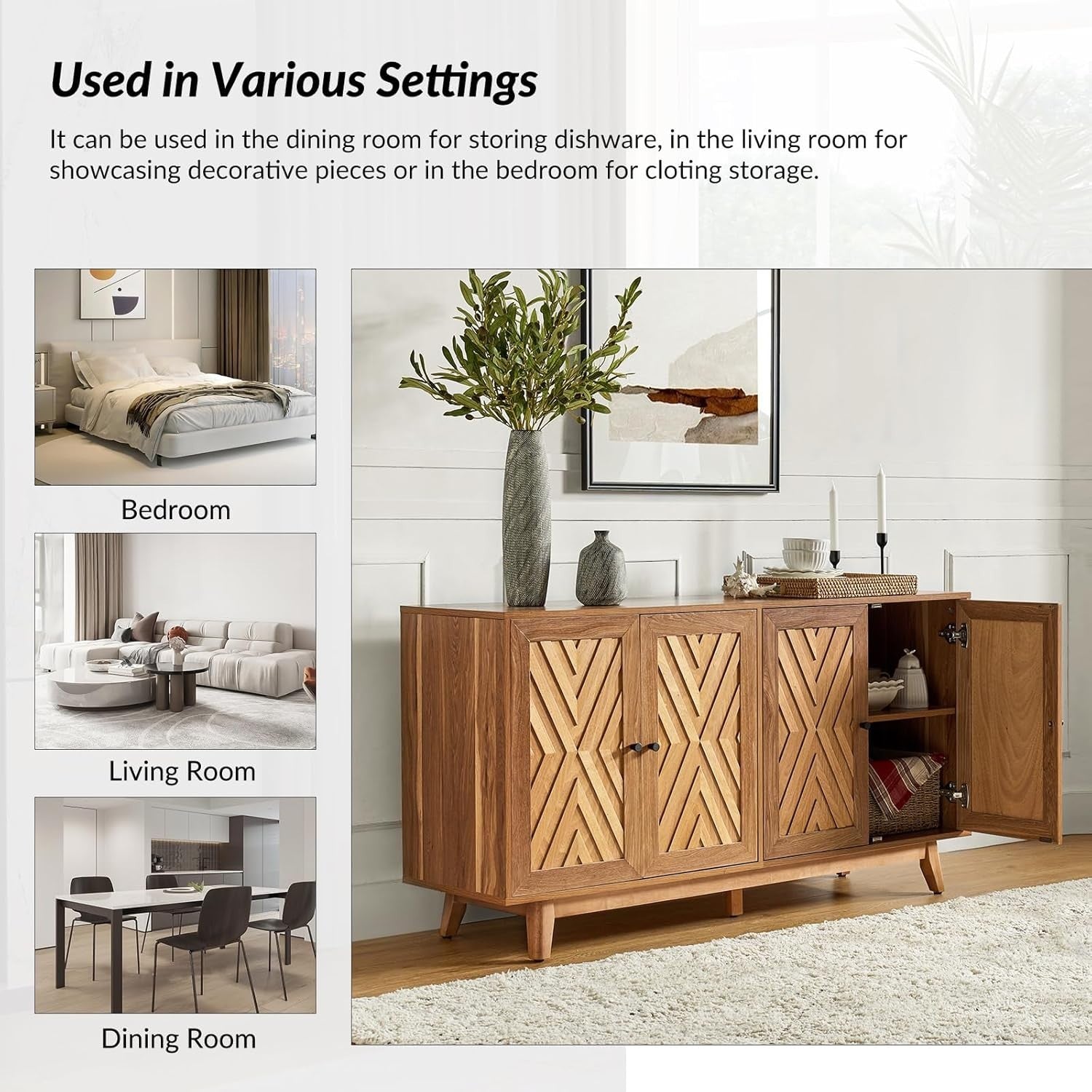 Walnut Sideboard Cabinet Chevron Design Adjustable Shelves Solid Legs