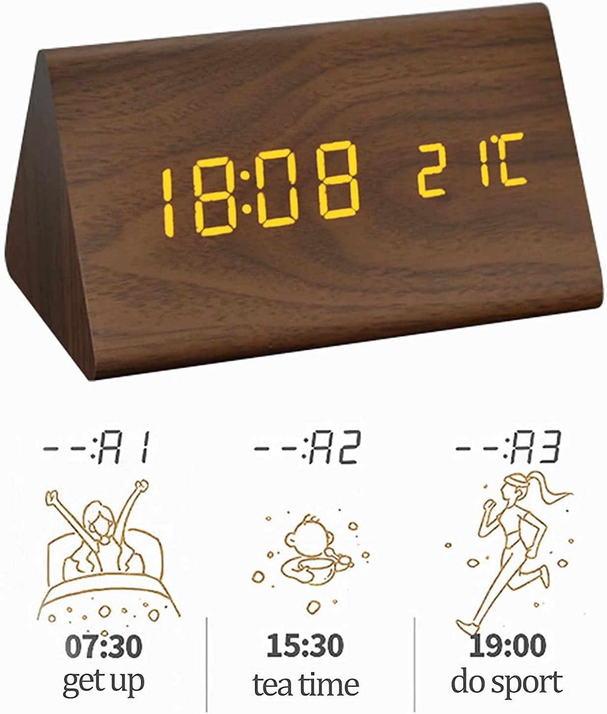 Wooden LED Digital Alarm Clock Silent Bedside Snooze Temperature Display