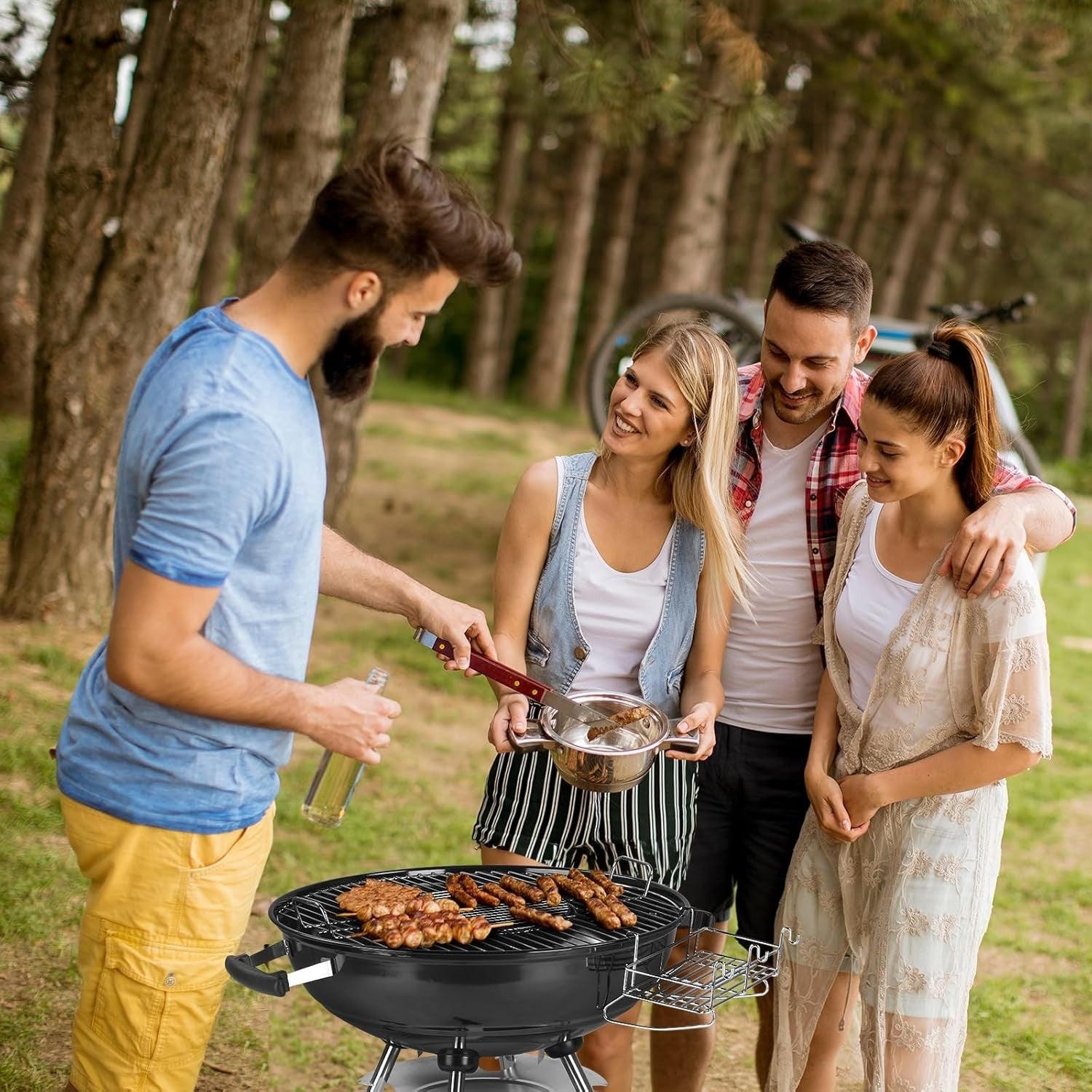 Large Charcoal BBQ Grill with Wheels & Thermometer, 28" Kettle Outdoor Garden