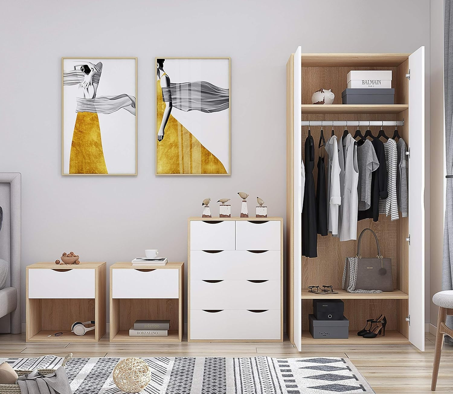 4pc Bedroom Furniture Set Wardrobe Chest Bedside Cabinet White on Oak
