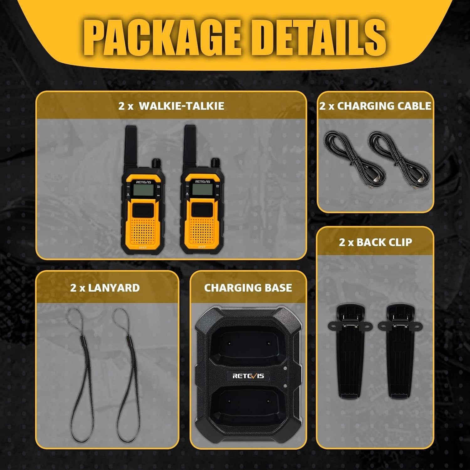 Rugged Waterproof Walkie Talkies IP67 Dual PTT 2000mAh 2 Pack