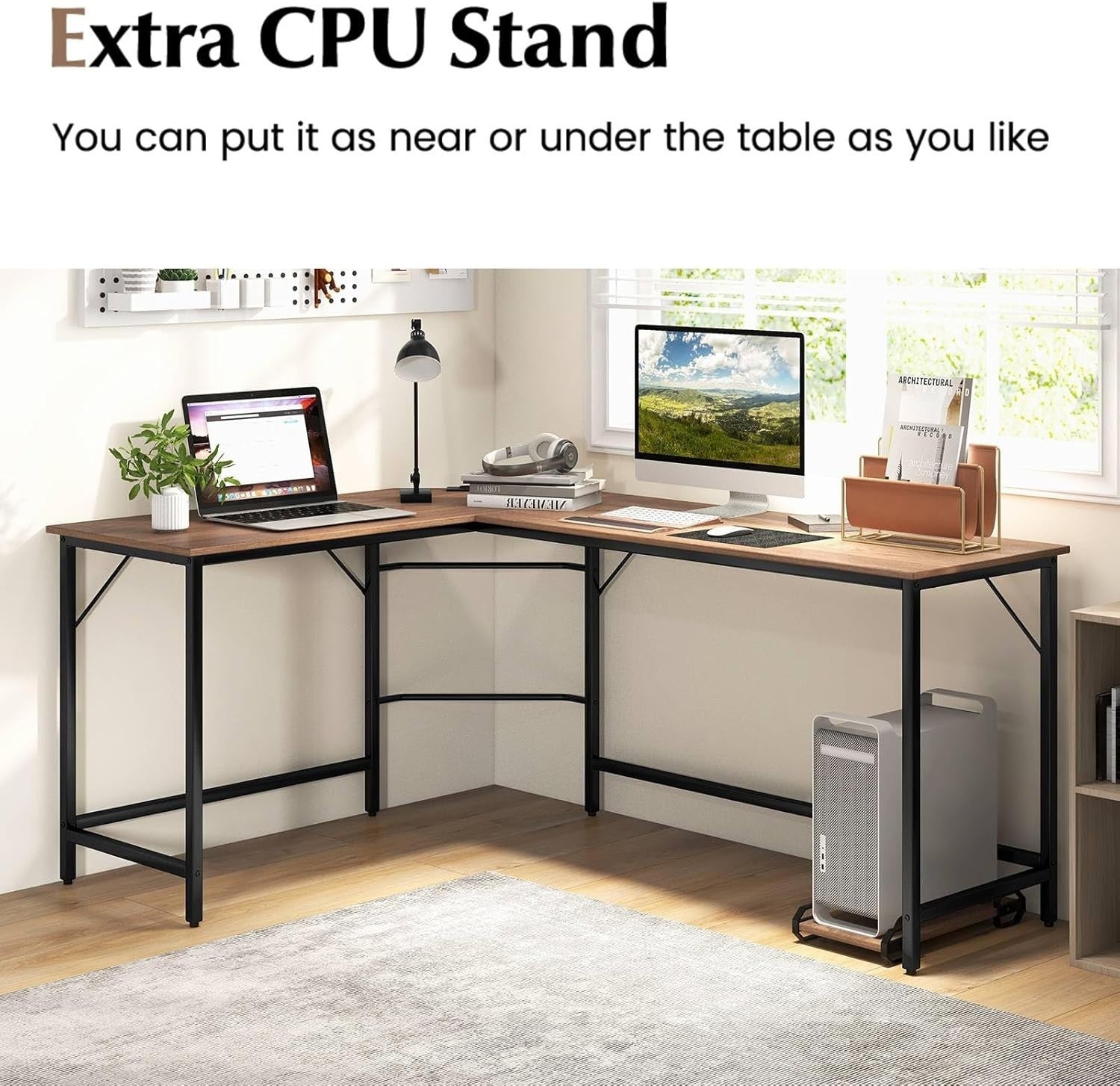 Natural L-Shaped Desk 168cm Corner Computer Table with CPU Stand Office