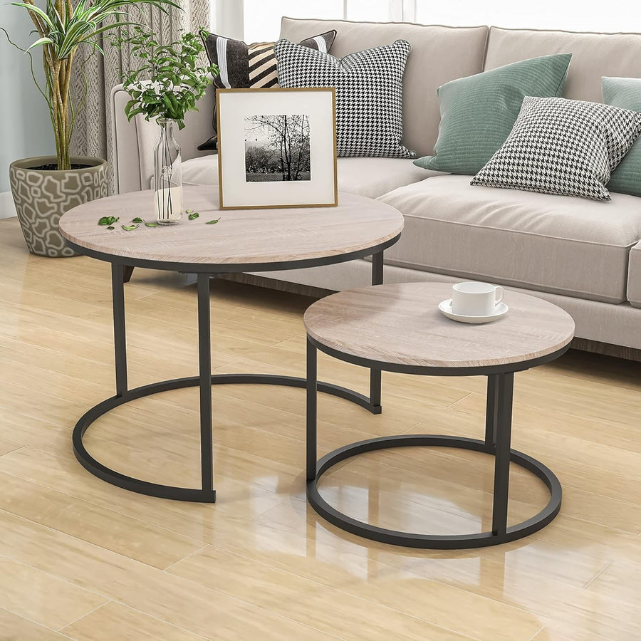 Round Coffee Table Set of 2 End Tables Living Room Stackable Wood Metal Oak