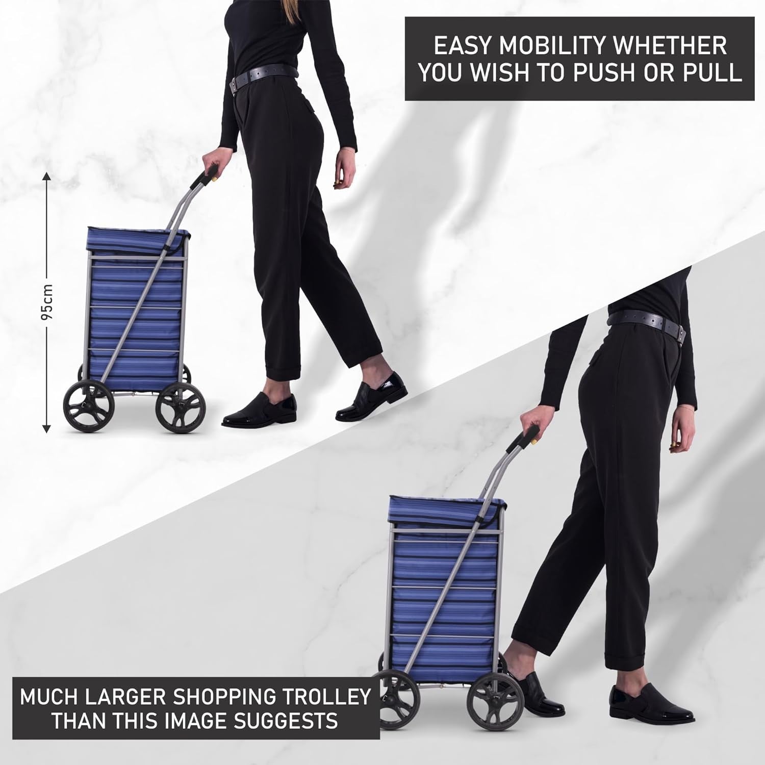Lightweight 4 Wheel Shopping Trolley 75.6L Foldable Push Pull Bag