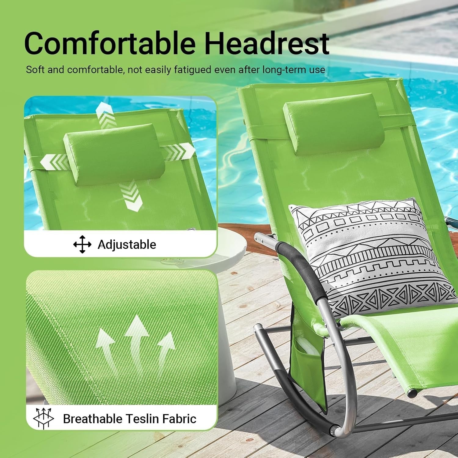 Ergonomic Outdoor Rocking Sun Lounger Chair with Cushion & Side Pocket Green