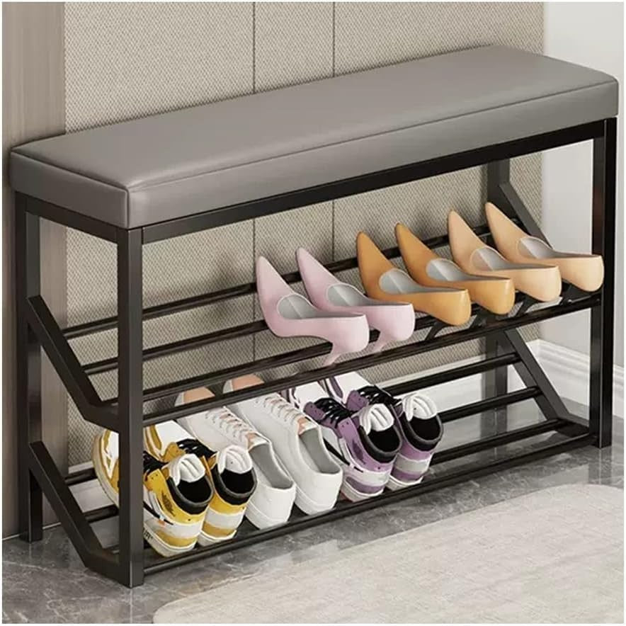 2-Tier Entryway Shoe Rack Bench with Padded Seat Metal Storage