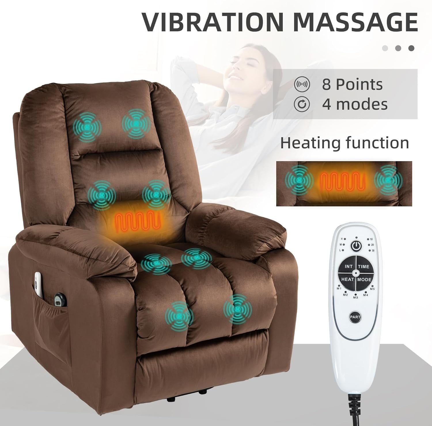 Velvet Lift Recliner Chair Massage Heat Riser Armchair for Elderly Brown
